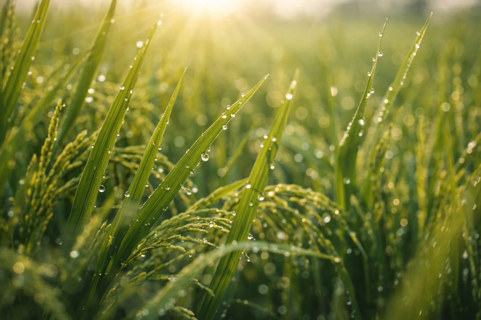 Close-up of healthy paddy crops with morning dew
