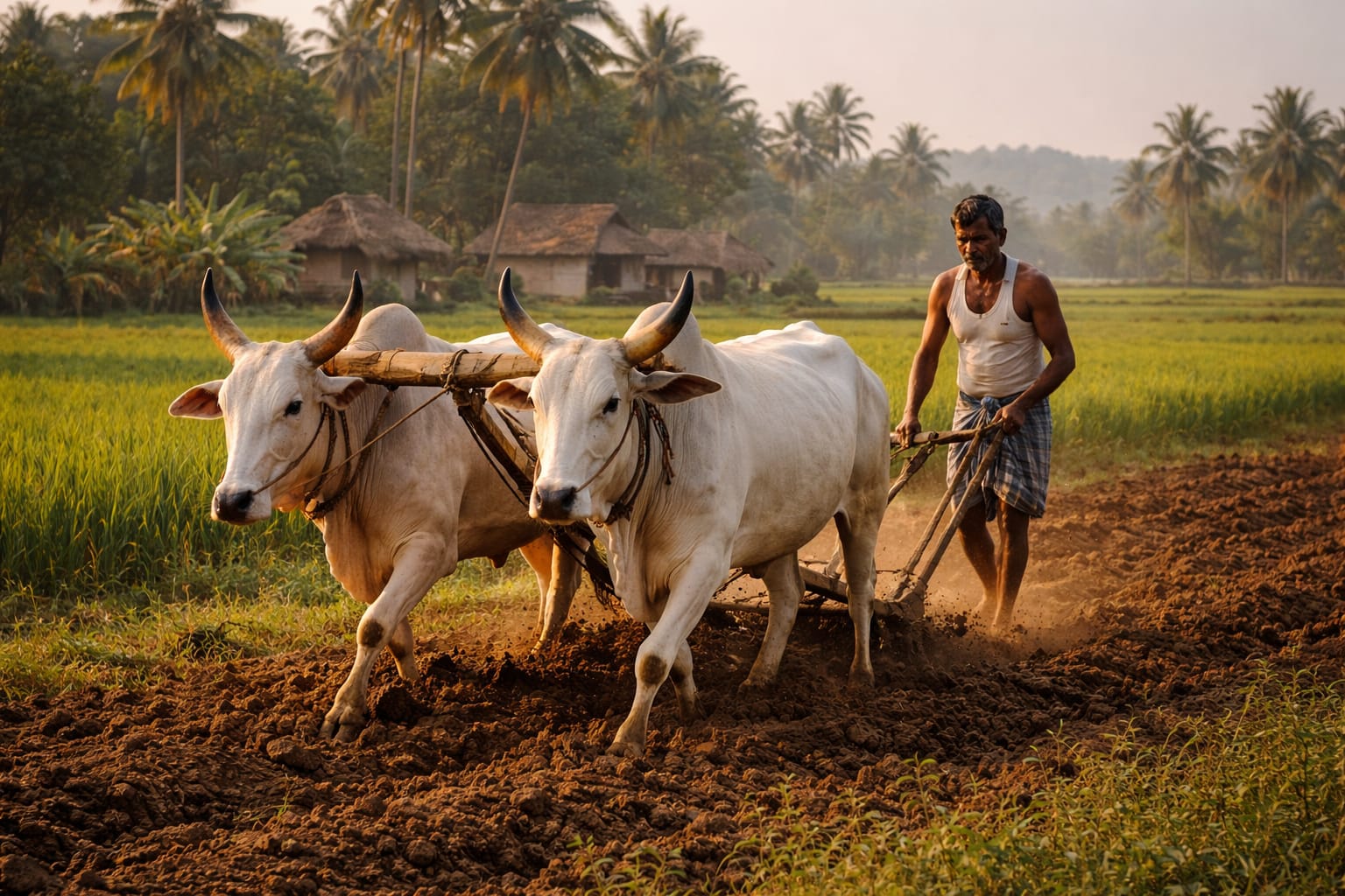 Farmer ploughing land with oxen in Tamil Nadu